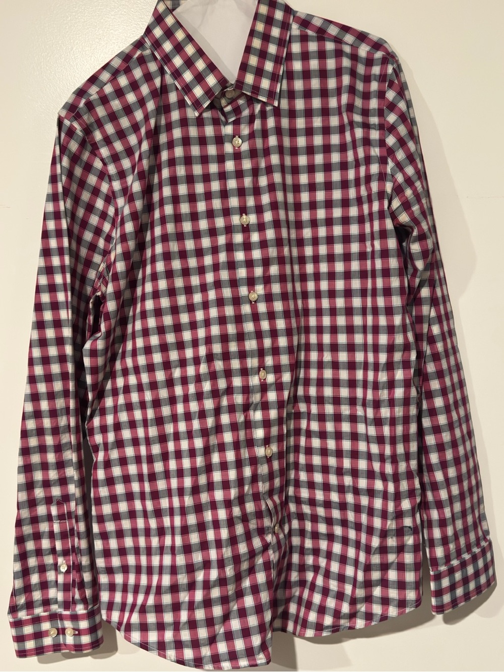 Express Men's Burgundy, Navy and White Check Dress Shirt